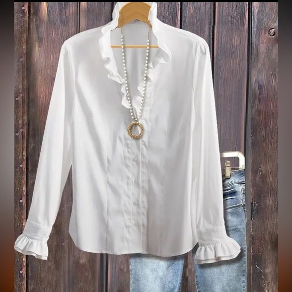 Women's White Ruffle Blouse - Picture 3 of 10